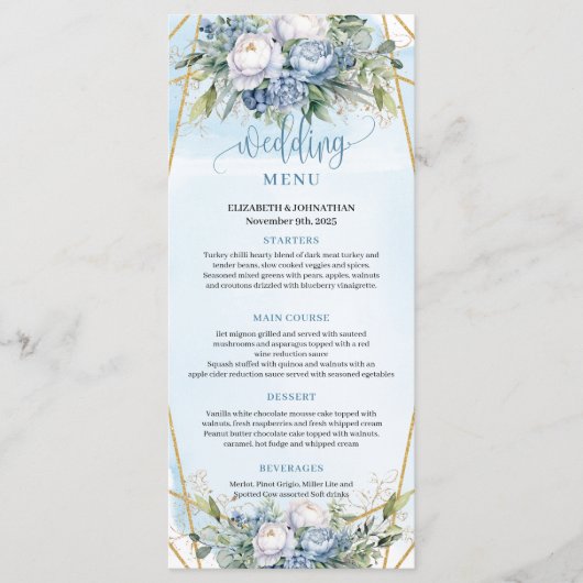 Modern Blue Gold Glitter Frame Greenery Wedding  Menu (Voorkant)
