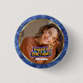 Modern Blue & Gold Glitter Photo 16th Birthday Ronde Button 3,2 Cm (Voorkant)