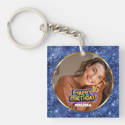 Modern Blue & Gold Glitter Photo 16th Birthday Sleutelhanger (voorkant)