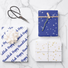 Modern Blue & Gold Happy Hanukkah Stars Inpakpapier Vel
