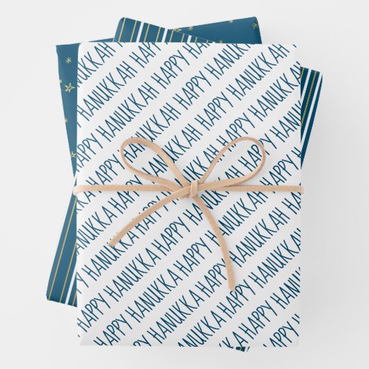 Modern Blue & Gold Happy Hanukkah Stars Inpakpapier Vel (In situ)