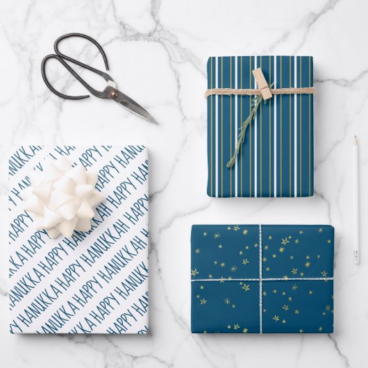 Modern Blue & Gold Happy Hanukkah Stars Inpakpapier Vel (Voorkant)