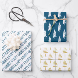 Modern Blue & Gold Happy Hanukkah Trees Inpakpapier Vel