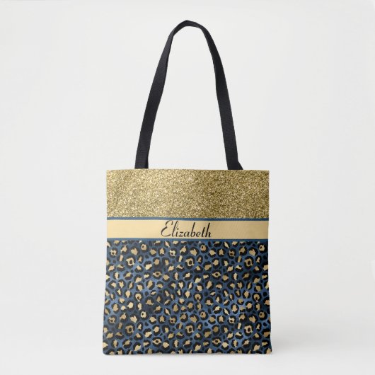 Modern Blue Gold Leopard Glitter - Aangepast Tote Bag (Voorkant)