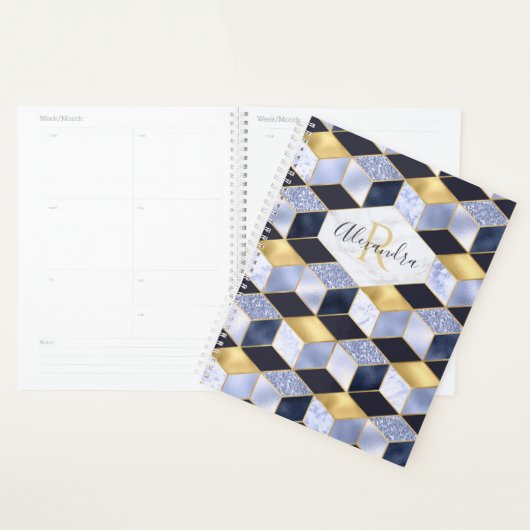 Modern Blue Gold Marble Glitter Geometric Monogram Planner (Display)