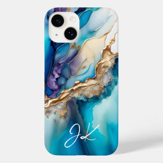 Modern Blue Gold Marble Monogram op maat Case-Mate iPhone Case (Achterkant)