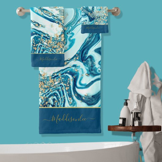Modern Blue Gold Marble Ocean Monogram Name Bath Bad Handdoek