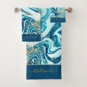 Modern Blue Gold Marble Ocean Monogram Name Bath Bad Handdoek (Insitu)