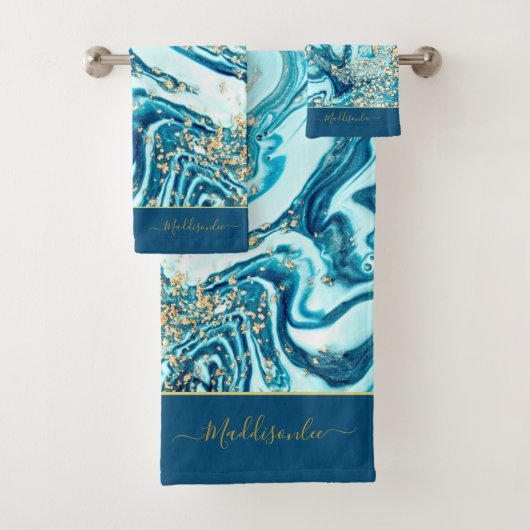 Modern Blue Gold Marble Ocean Monogram Name Bath Bad Handdoek (Insitu)