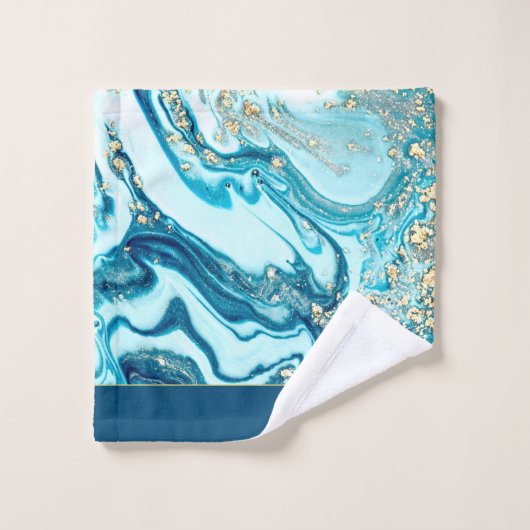Modern Blue Gold Marble Ocean Monogram Name Bath Bad Handdoek (Wasdoekje)