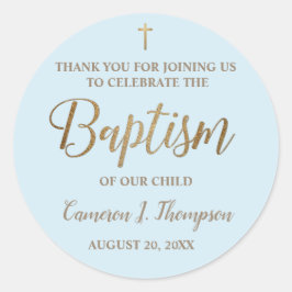 Modern Blue Gold Name Baby Baptisme Ronde Sticker