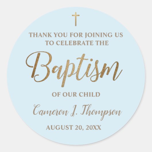 Modern Blue Gold Name Baby Baptisme Ronde Sticker (Voorkant)