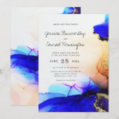 Modern Blue Gold Oranje Alcohol Ink Wedding Kaart (Voorkant / Achterkant)