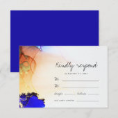 Modern Blue Gold Oranje Alcohol Ink Wedding RSVP Kaartje (Voorkant / Achterkant)