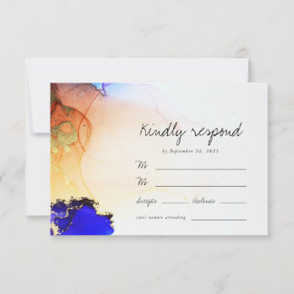 Modern Blue Gold Oranje Alcohol Ink Wedding RSVP Kaartje