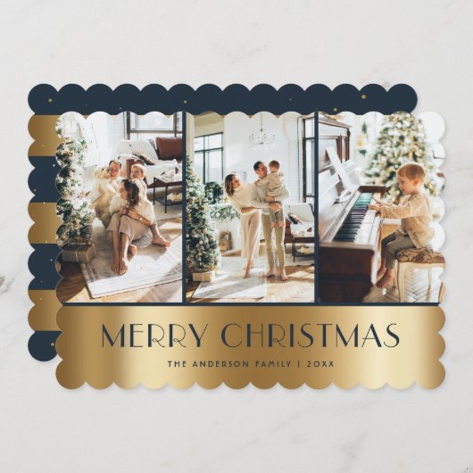 Modern Blue Gold Photo Collage Christmas Kaart (Voorkant / Achterkant)