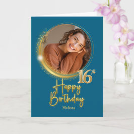 Modern Blue & Gold Photo Name 16th Birthday Kaart