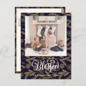 Modern Blue Gold Pine Bough Elegant Script BLESSED Briefkaart (Voorkant / Achterkant)