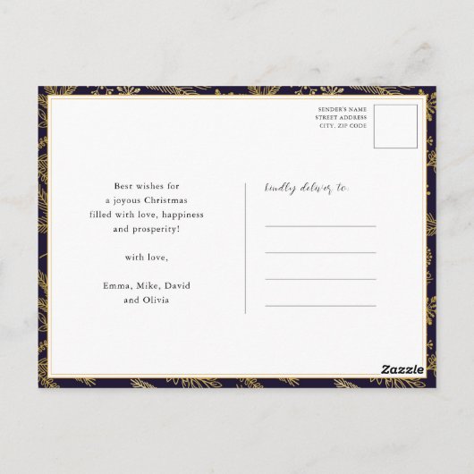 Modern Blue Gold Pine Bough Elegant Script BLESSED Briefkaart (Achterkant)