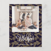 Modern Blue Gold Pine Bough Elegant Script BLESSED Briefkaart (Voorkant)