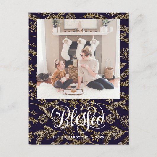 Modern Blue Gold Pine Bough Elegant Script BLESSED Briefkaart (Voorkant)