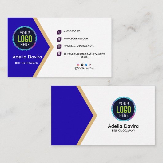 Modern Blue Gold Professional Business Card Visitekaartje (Voorkant / Achterkant)