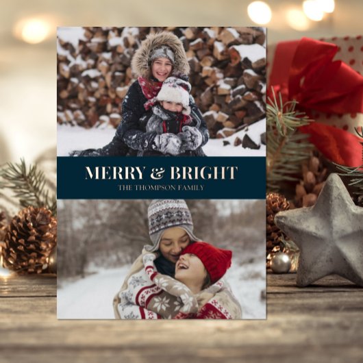 Modern Blue Gold Script Merry Bright Foto Folie Feestdagenkaart