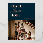 Modern Blue Gold Script Peace Joy Hope Foto Folie Feestdagenkaart (Voorkant)