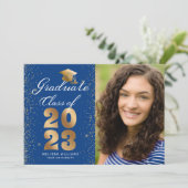 Modern Blue Gold Script Pet Glitter Photo Afstudee Aankondiging (Staand voorkant)