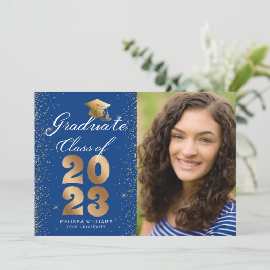 Modern Blue Gold Script Pet Glitter Photo Afstudee Aankondiging (Staand voorkant)
