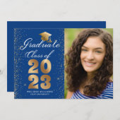 Modern Blue Gold Script Pet Glitter Photo Afstudee Aankondiging (Voorkant / Achterkant)