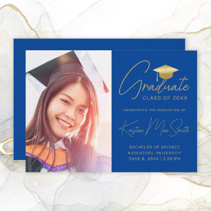 Modern Blue Gold Script Photo College Graduing Aankondiging