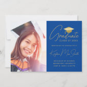 Modern Blue Gold Script Photo College Graduing Aankondiging (Voorkant)
