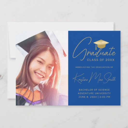 Modern Blue Gold Script Photo College Graduing Aankondiging (Voorkant)