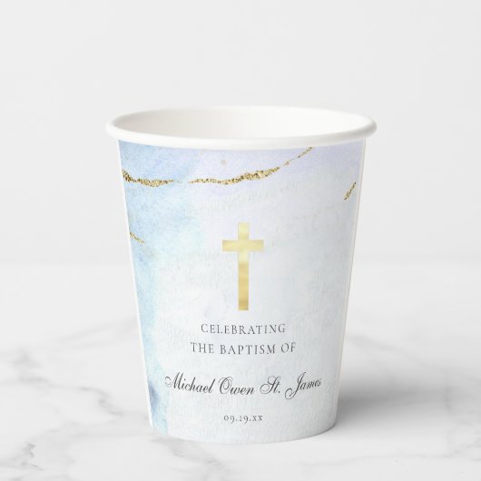 Modern Blue Gold Signature Baptism Christening Papieren Bekers (Achterkant)