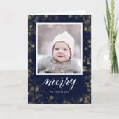 Modern Blue Gold Snowflakes Bokeh minimalistische  Feestdagen Kaart (Voorkant)