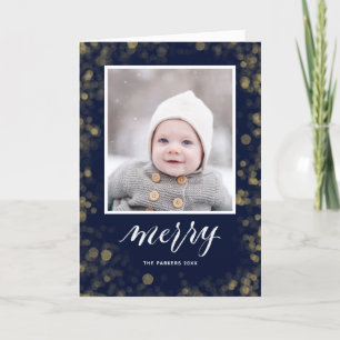 Modern Blue Gold Snowflakes Bokeh minimalistische Feestdagen Kaart