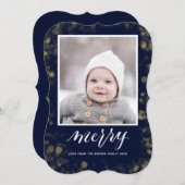 Modern Blue Gold Snowflakes Bokeh minimalistische  Feestdagenkaart (Voorkant / Achterkant)