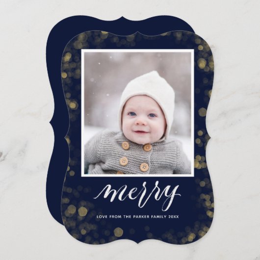 Modern Blue Gold Snowflakes Bokeh minimalistische  Feestdagenkaart (Voorkant / Achterkant)