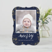 Modern Blue Gold Snowflakes Bokeh minimalistische  Feestdagenkaart (Staand voorkant)