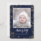 Modern Blue Gold Snowflakes Bokeh minimalistische Feestdagenkaart (Voorkant)