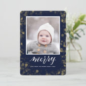 Modern Blue Gold Snowflakes Bokeh minimalistische Feestdagenkaart (Staand voorkant)