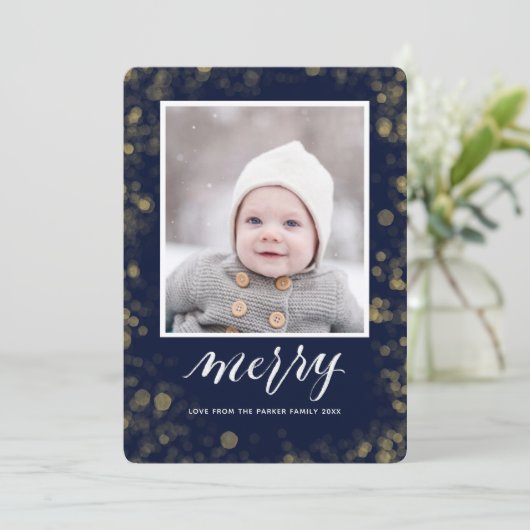 Modern Blue Gold Snowflakes Bokeh minimalistische  Feestdagenkaart (Staand voorkant)