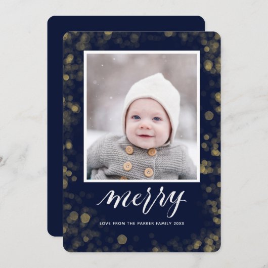 Modern Blue Gold Snowflakes Bokeh minimalistische Feestdagenkaart (Voorkant / Achterkant)