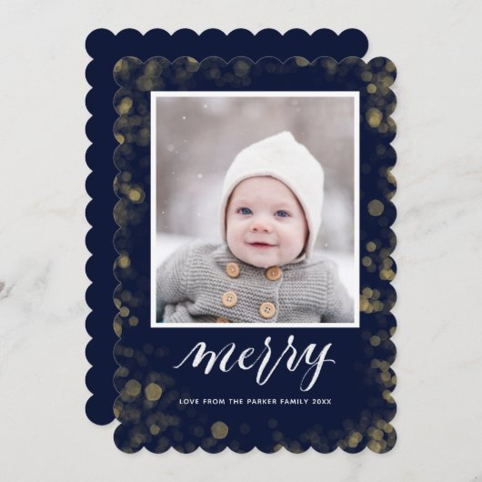 Modern Blue Gold Snowflakes Bokeh minimalistische  Feestdagenkaart (Voorkant / Achterkant)