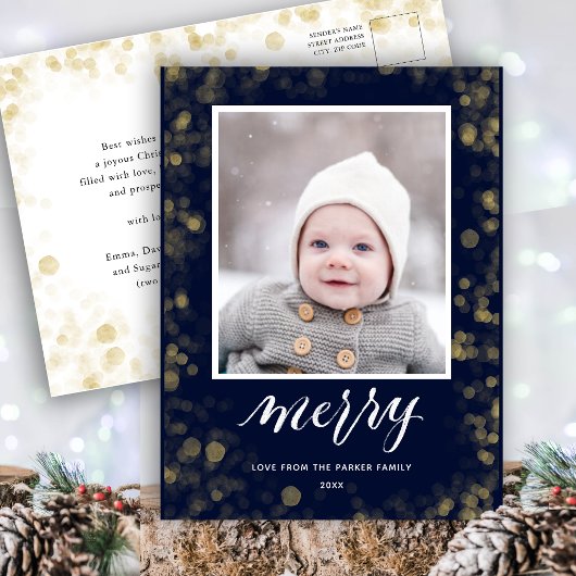 Modern Blue Gold Snowflakes Bokeh minimalistische  Feestdagenkaart