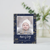 Modern Blue Gold Snowflakes Bokeh minimalistische  Feestdagenkaart (Staand voorkant)