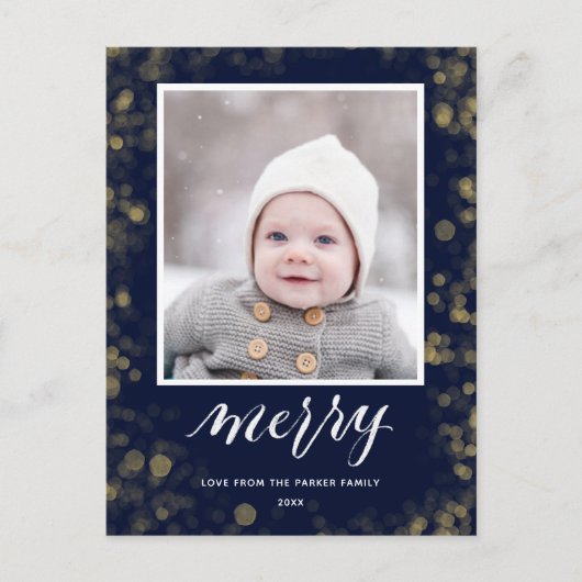 Modern Blue Gold Snowflakes Bokeh minimalistische  Feestdagenkaart (Voorkant)