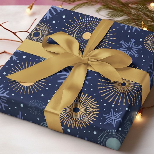 Modern Blue Gold Snowflakes Feestdagen voor Kerstm Cadeaupapier