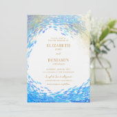 Modern Blue Gold Splash Surfer Wave Beach Weddensc Kaart (Staand voorkant)